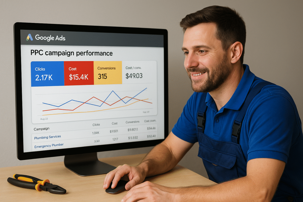 Google Ads for plumbers being monitored by a plumber on a laptop